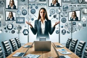 Helpless woman in the middle of a fictional office struggeling to find an effective meeting format.